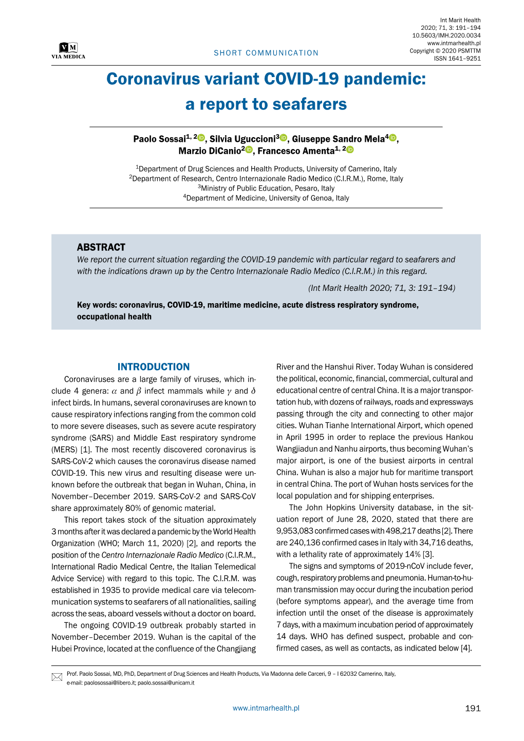 Coronavirus Variant COVID-19 Pandemic: a Report to Seafarers