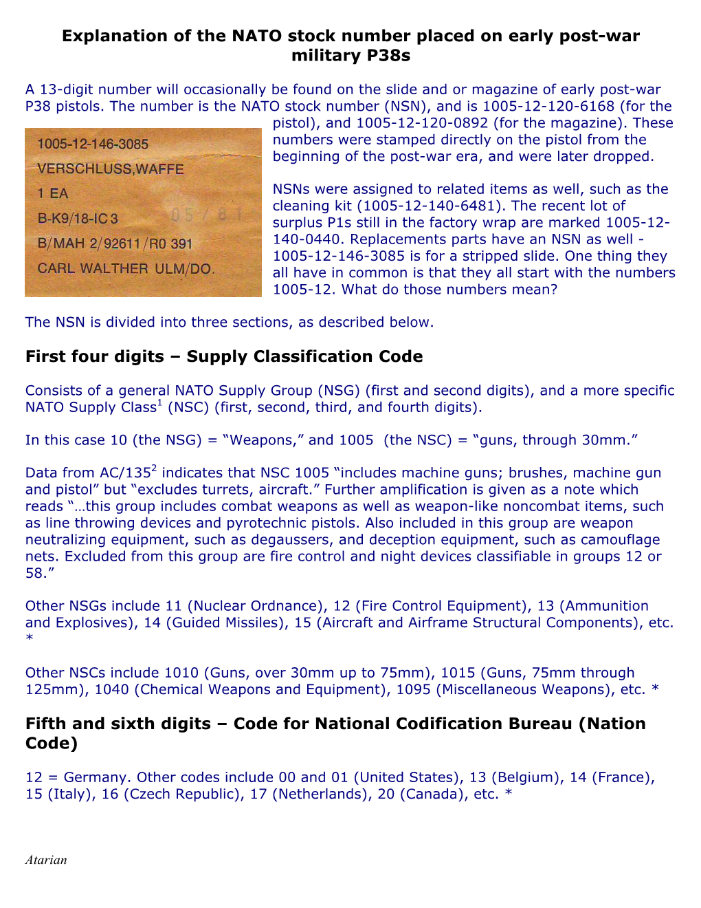 Explanation of the NATO Stock Number Placed on Early Post-War Military P38s