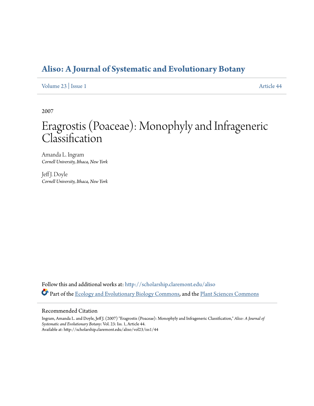 Eragrostis (Poaceae): Monophyly and Infrageneric Classification Amanda L