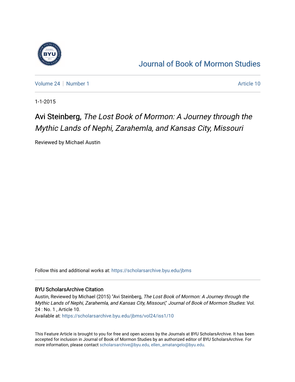 Avi Steinberg, the Lost Book of Mormon: a Journey Through the Mythic Lands of Nephi, Zarahemla, and Kansas City, Missouri