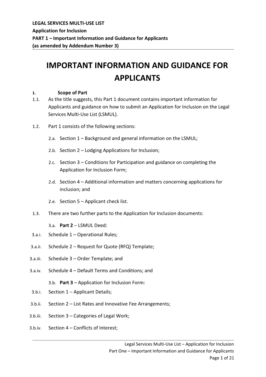 LEGAL SERVICES MULTI-USE LIST - Application for Inclusion - PART 1 Important Information