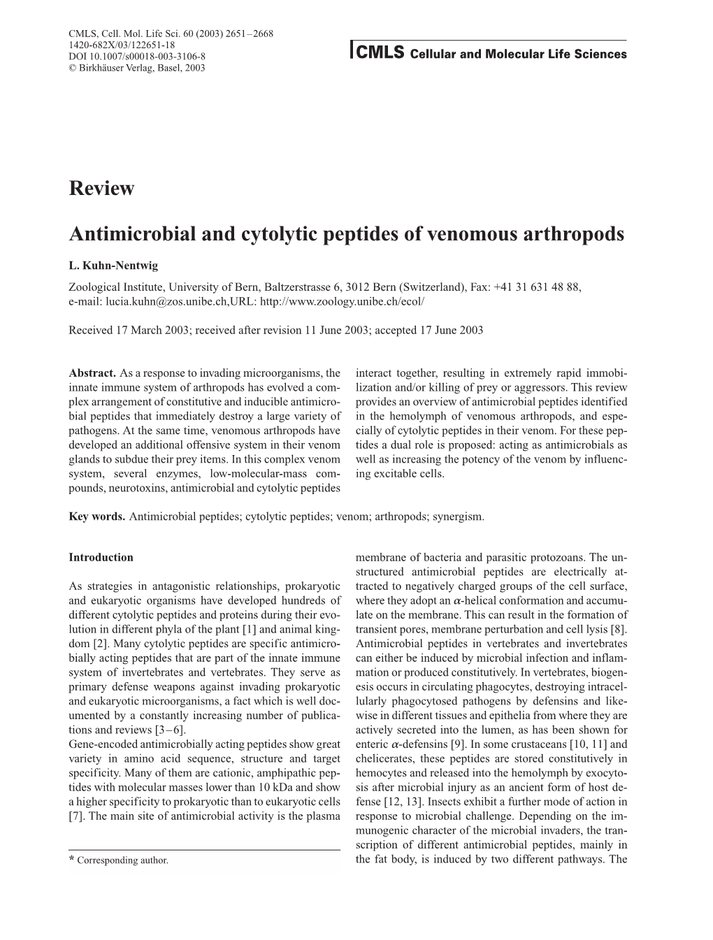 Review Antimicrobial and Cytolytic Peptides of Venomous Arthropods