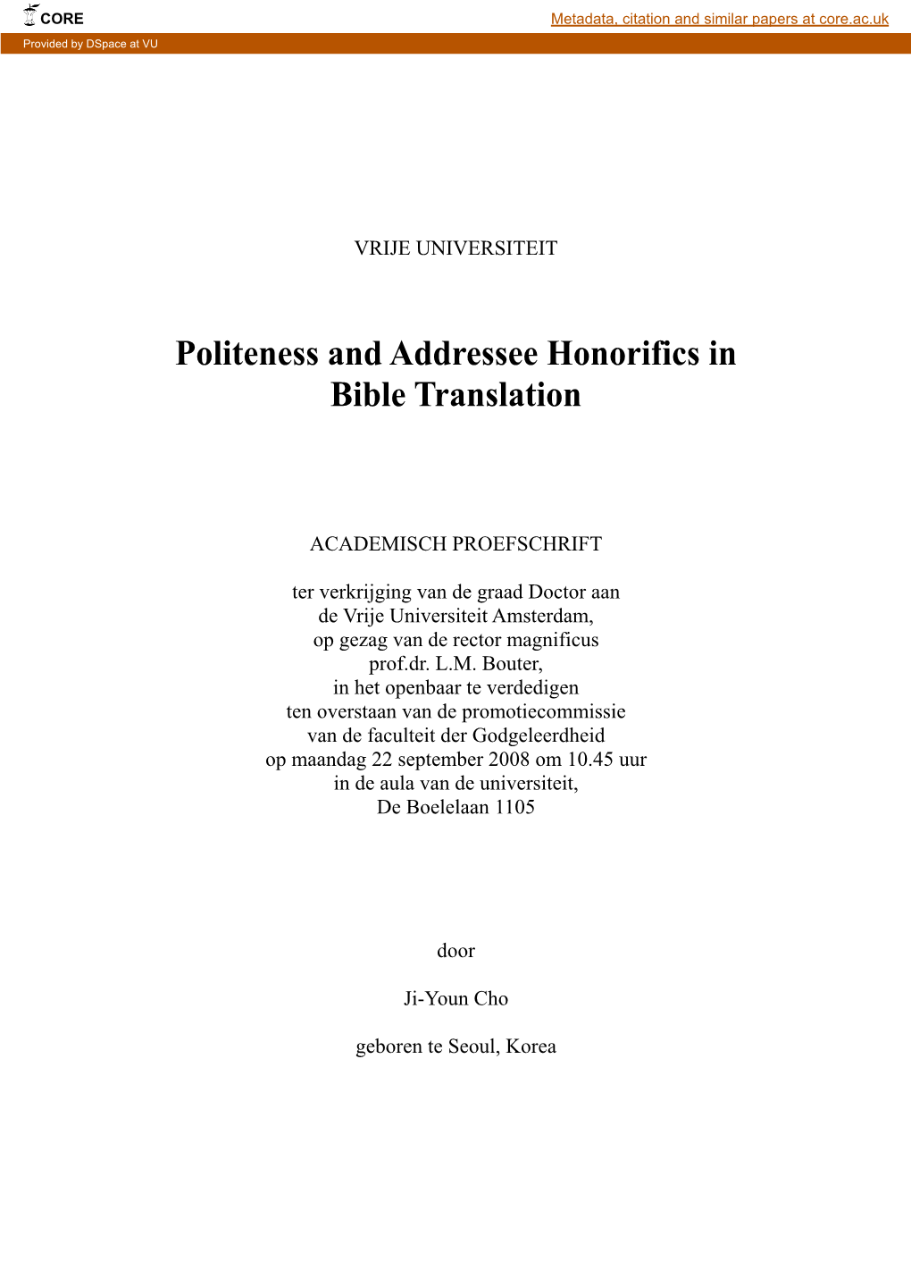 Politeness and Addressee Honorifics in Bible Translation