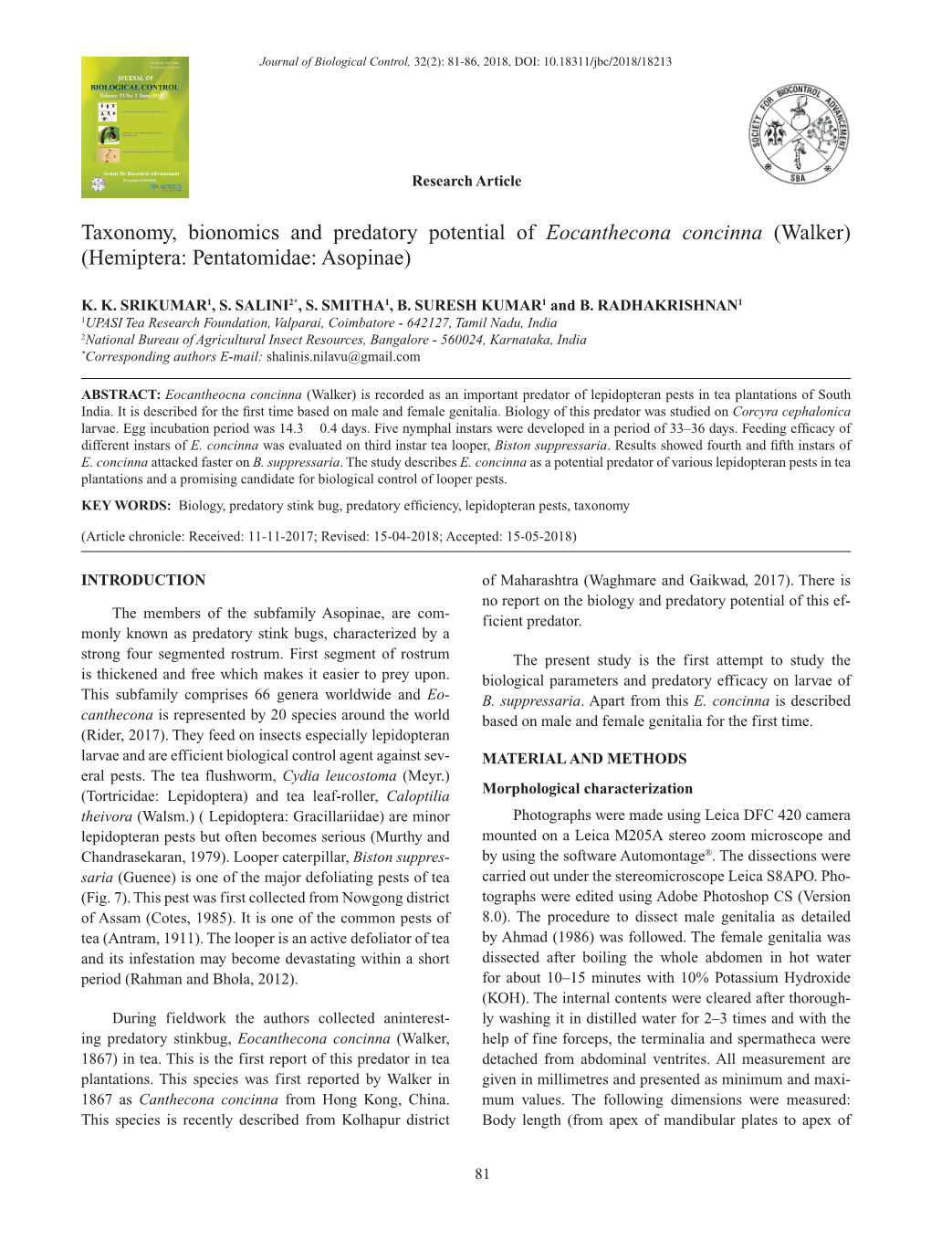 Taxonomy, Bionomics and Predatory Potential of Eocanthecona Concinna (Walker) (Hemiptera: Pentatomidae: Asopinae)