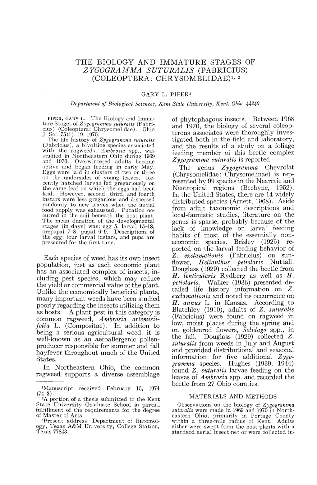 The Biology and Immature Stages of Zygogramma Suturalis (Fabricius) (Coleoptera: Chrysomelidae)1- 2