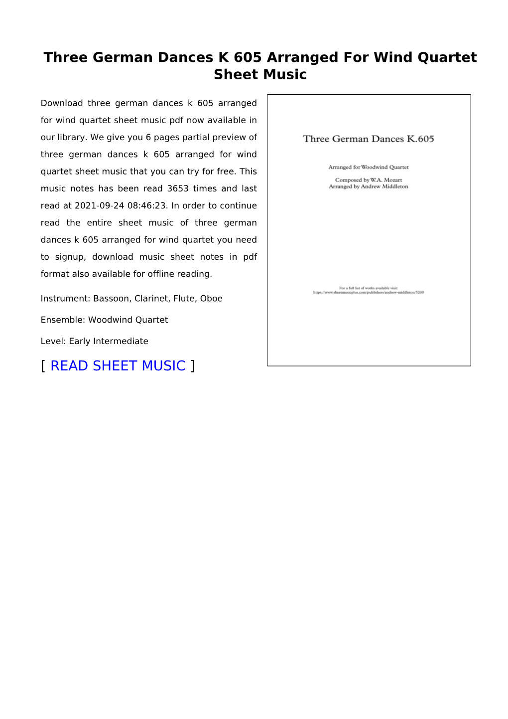 Three German Dances K 605 Arranged for Wind Quartet Sheet Music