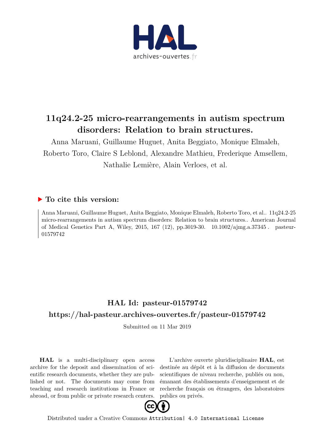 11Q24.2-25 Micro-Rearrangements in Autism Spectrum Disorders: Relation to Brain Structures