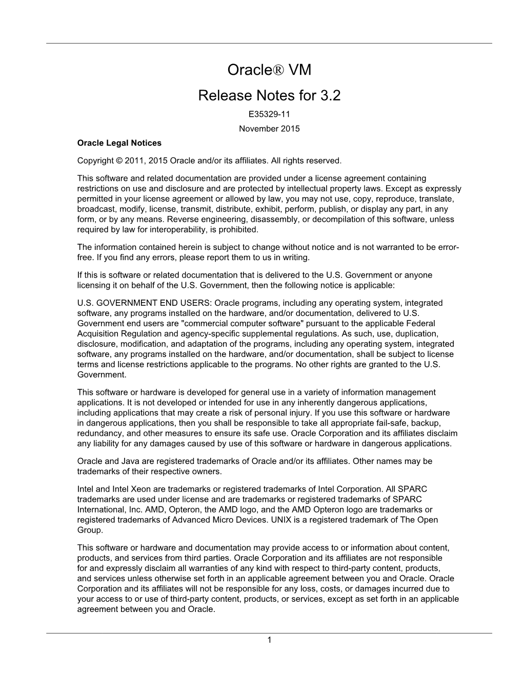 Oracle® VM Release Notes for 3.2 E35329-11 November 2015 Oracle Legal Notices