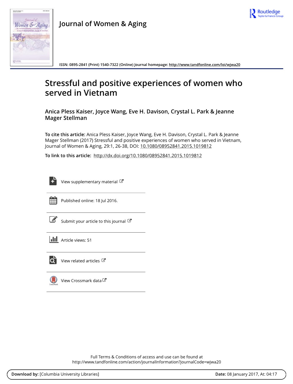 Stressful and Positive Experiences of Women Who Served in Vietnam