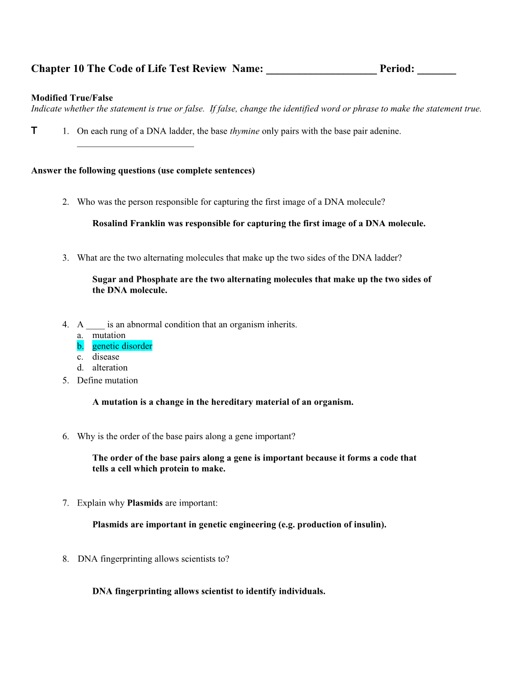 Chapter 10 the Code of Life Test Review Name: ______ Period: ______