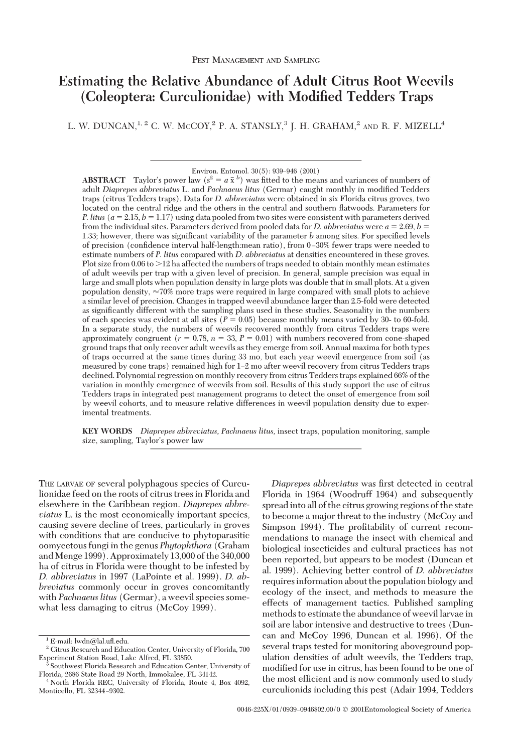 Estimating the Relative Abundance of Adult Citrus Root Weevils (Coleoptera: Curculionidae) with Modiﬁed Tedders Traps