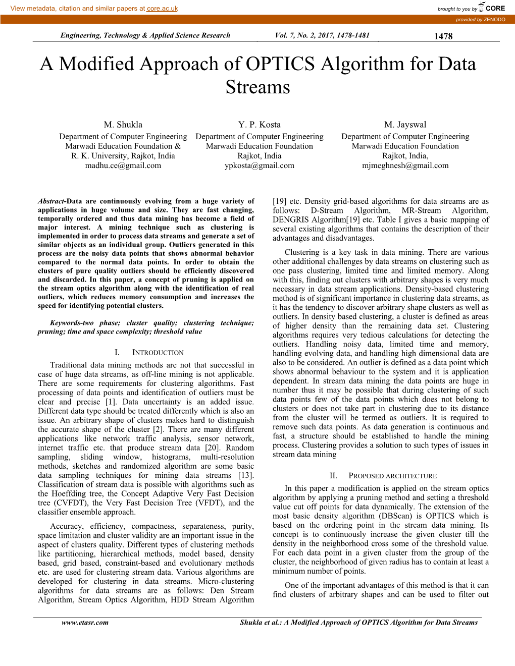 A Modified Approach of OPTICS Algorithm for Data Streams