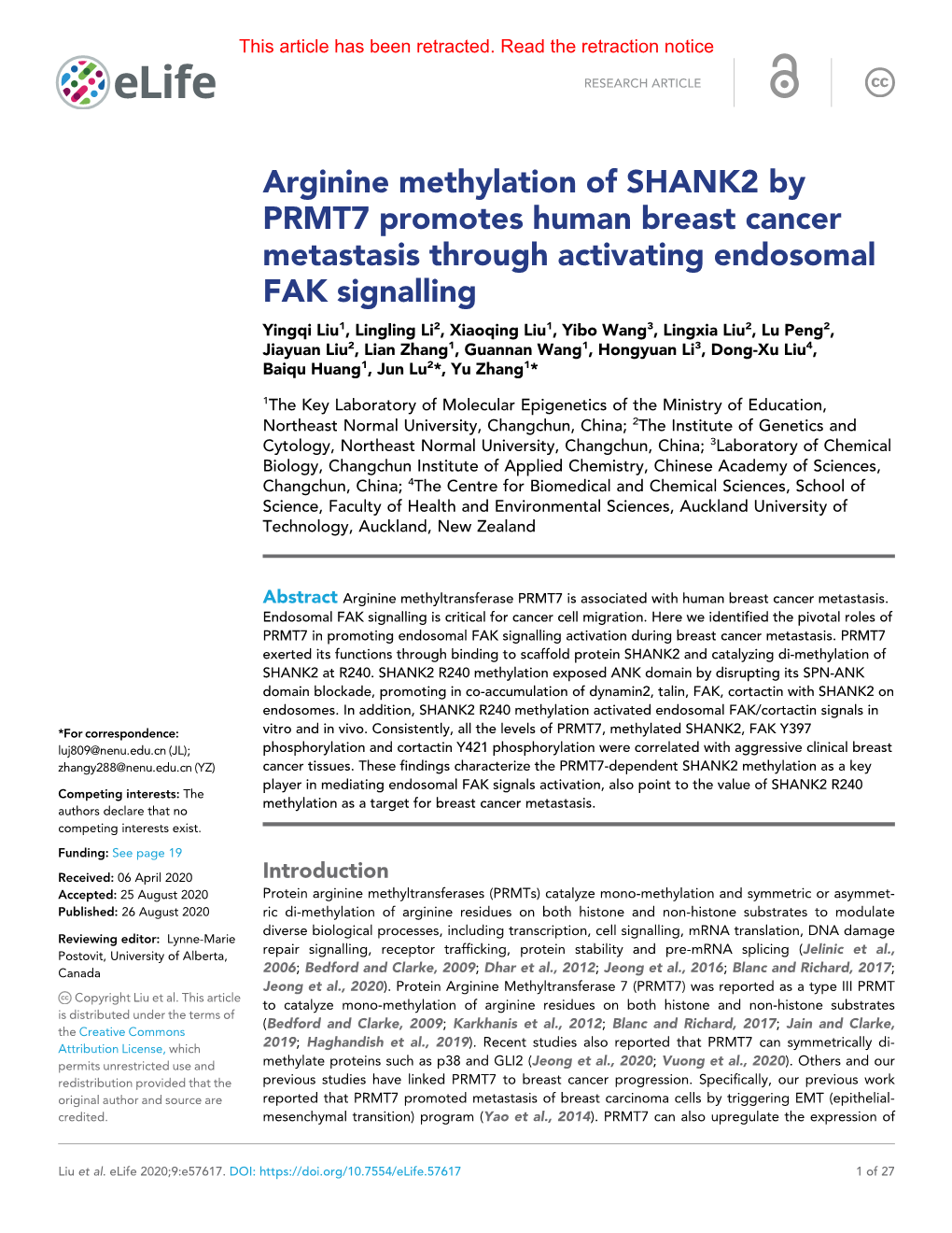 Arginine Methylation of SHANK2 by PRMT7 Promotes Human Breast Cancer Metastasis Through Activating Endosomal FAK Signalling