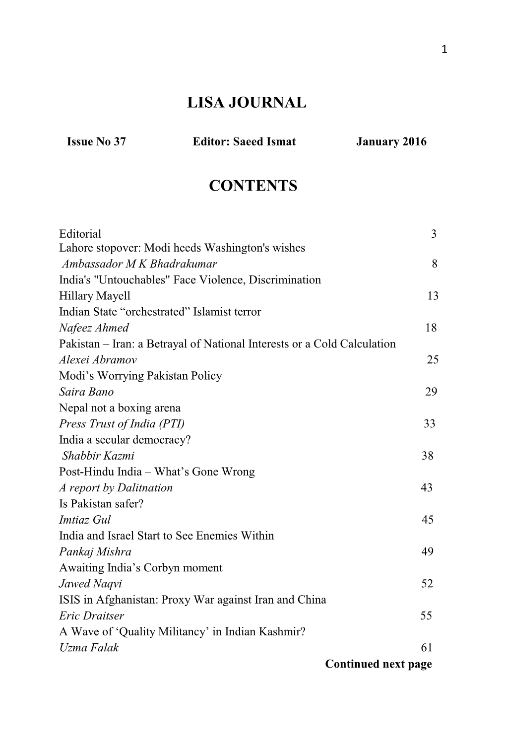 Lisa Journal Contents