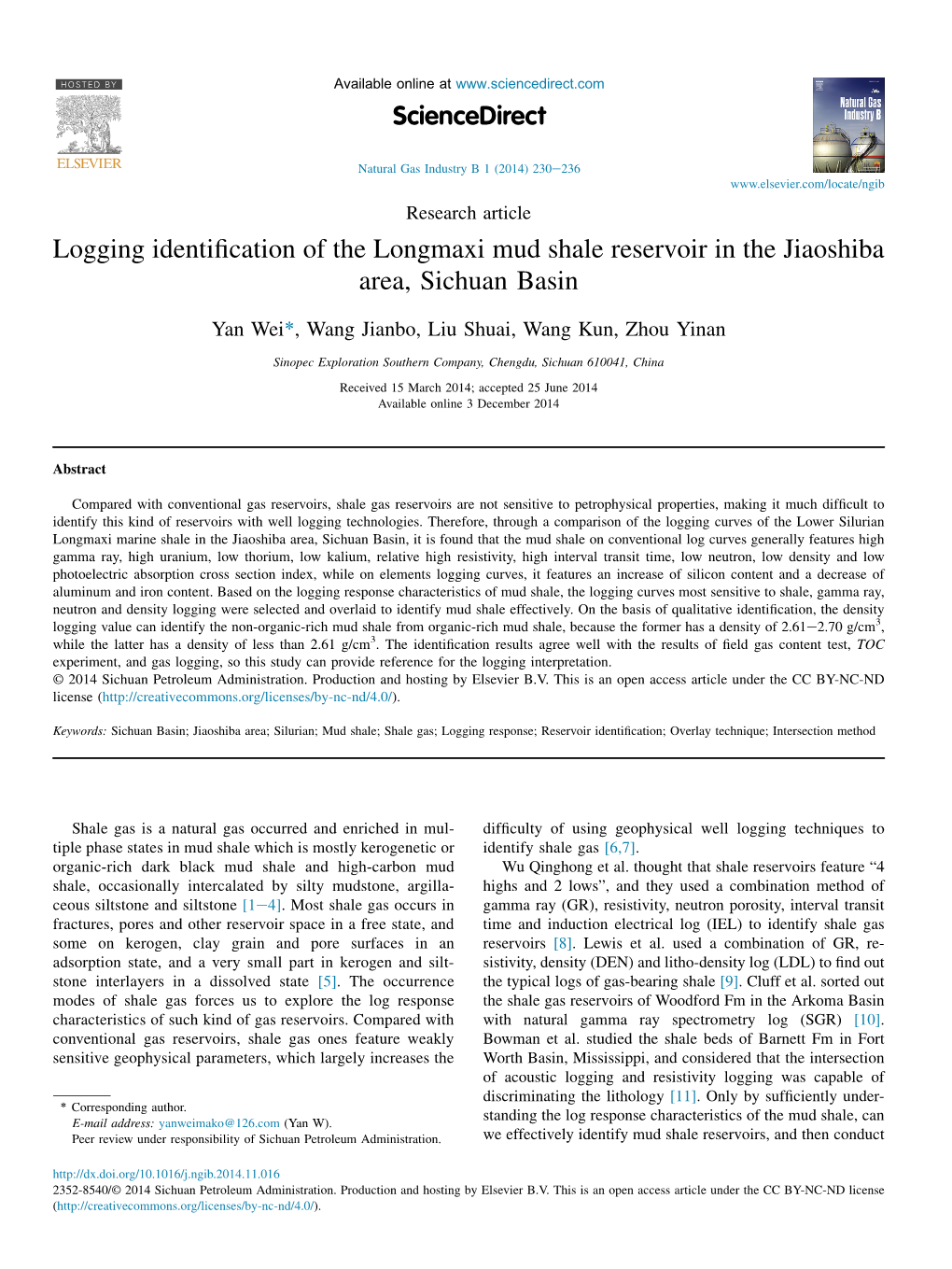 Logging Identification of the Longmaxi Mud Shale Reservoir in The