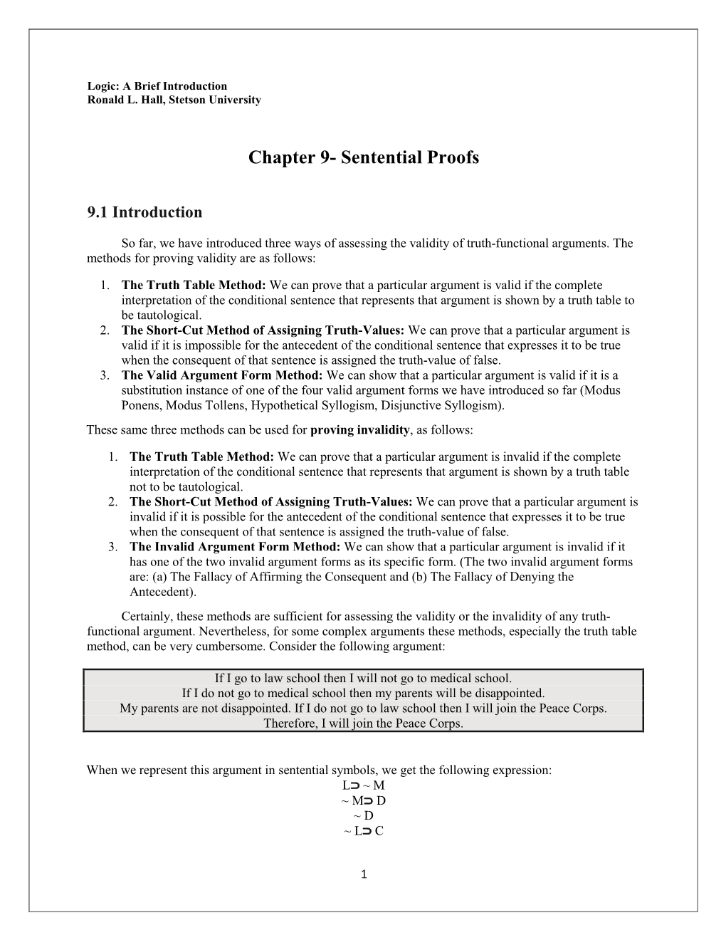 Chapter 9- Sentential Proofs