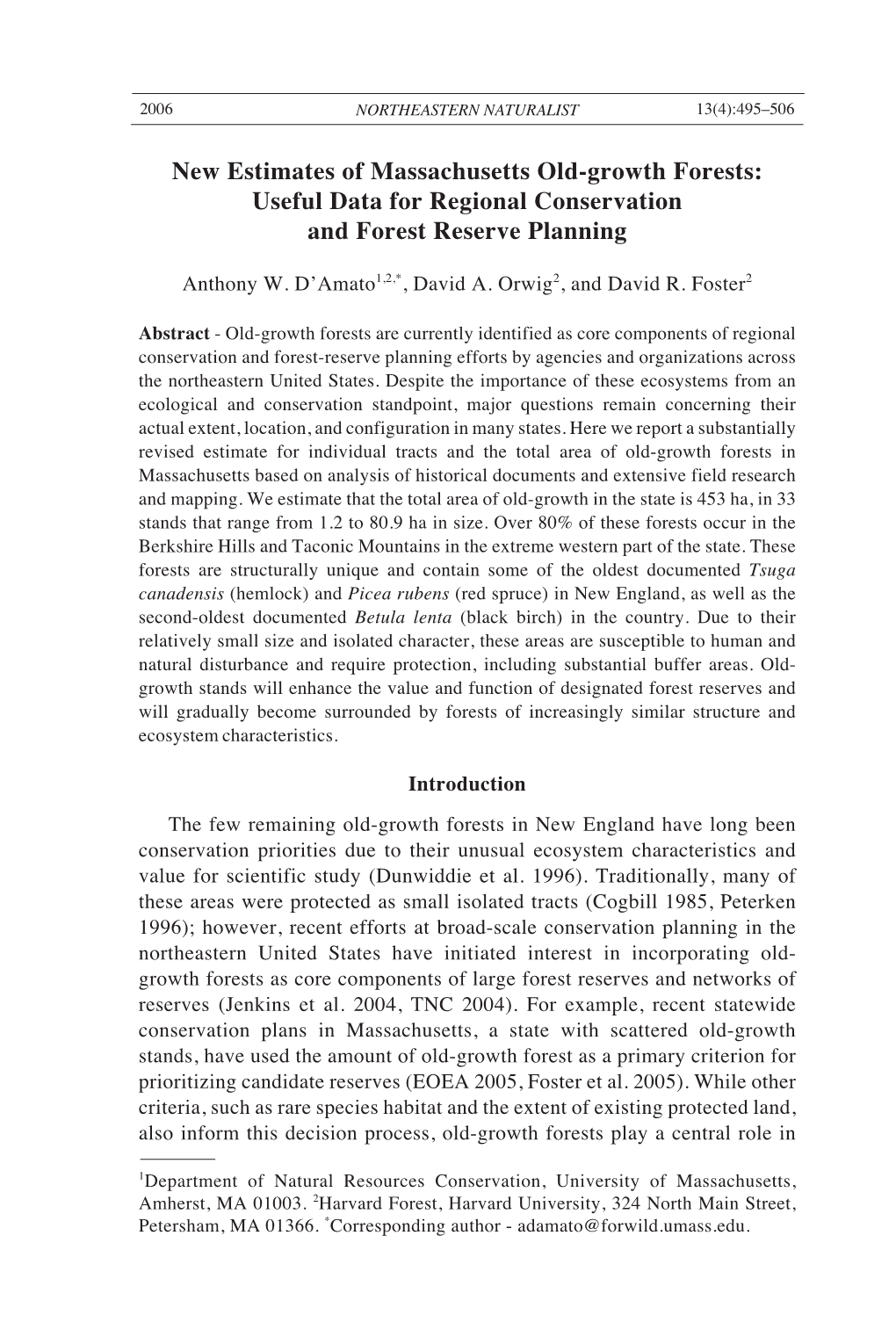 New Estimates of Massachusetts Old-Growth Forests: Useful Data for Regional Conservation and Forest Reserve Planning