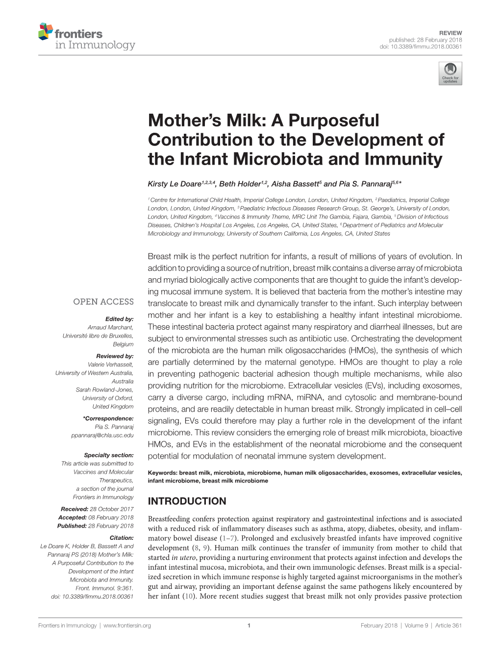 Mother's Milk: a Purposeful Contribution to the Development of the Infant Microbiota and Immunity