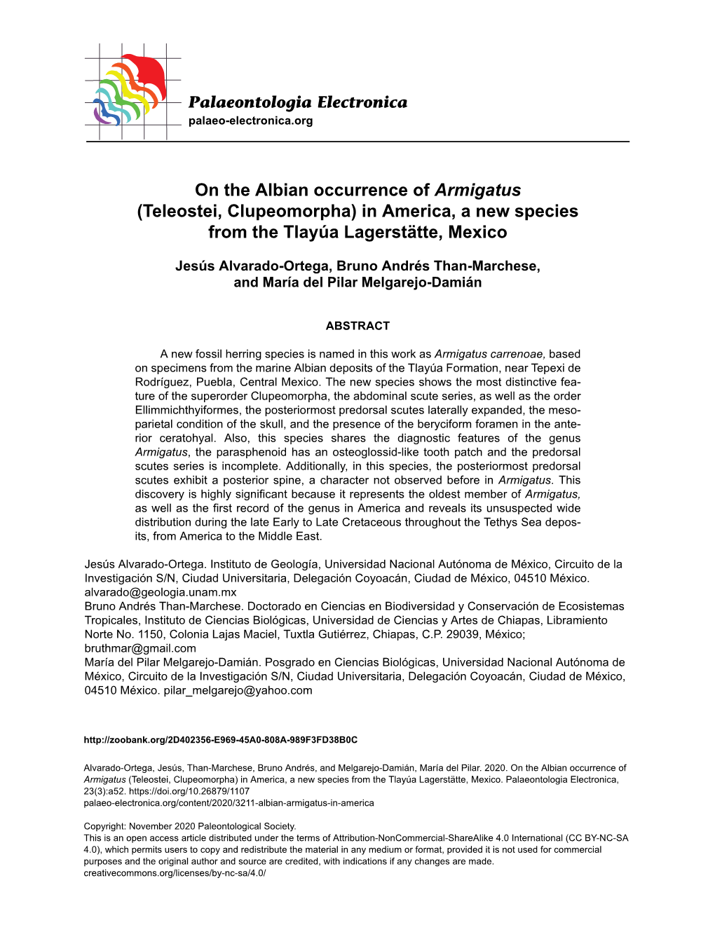 On the Albian Occurrence of Armigatus (Teleostei, Clupeomorpha) in America, a New Species from the Tlayúa Lagerstätte, Mexico