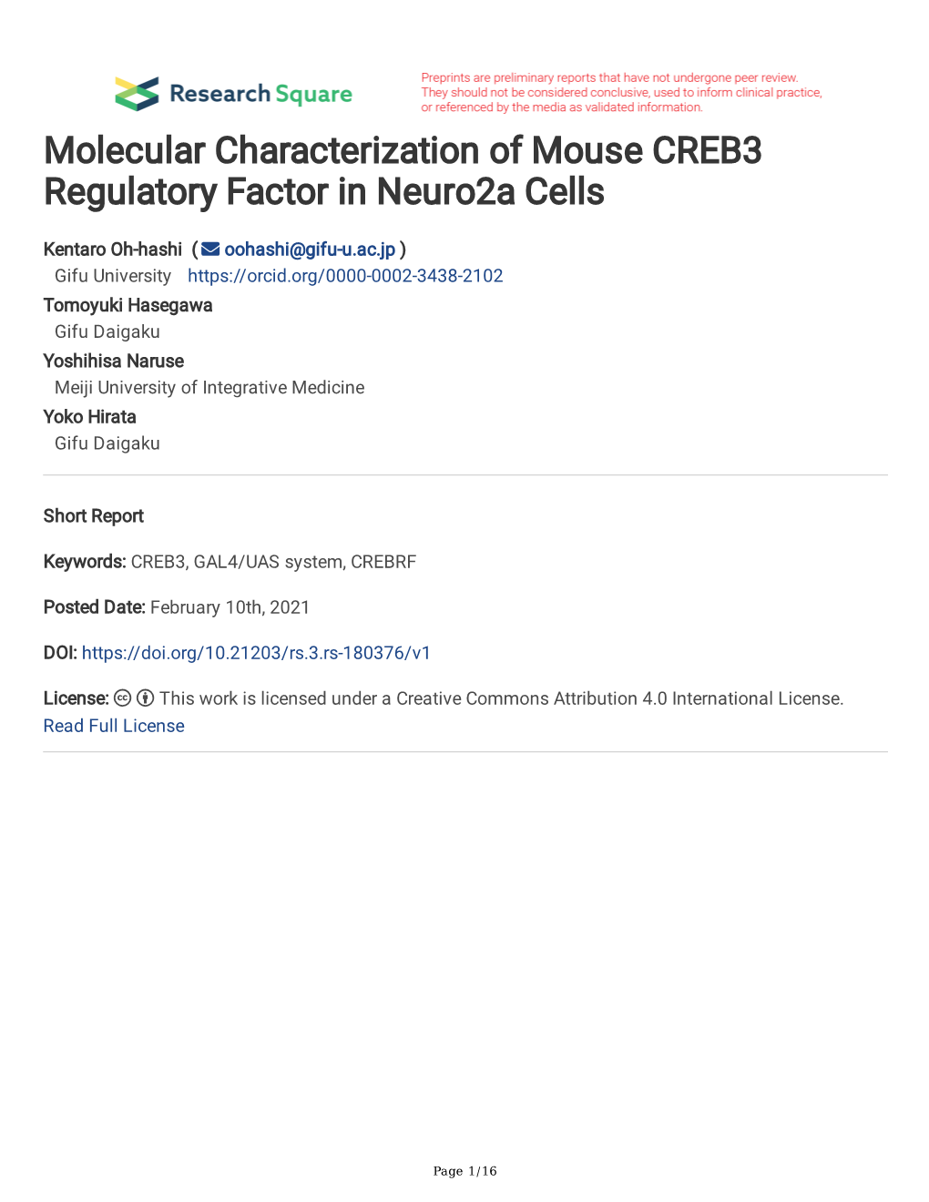 Molecular Characterization of Mouse CREB3 Regulatory Factor in Neuro2a Cells