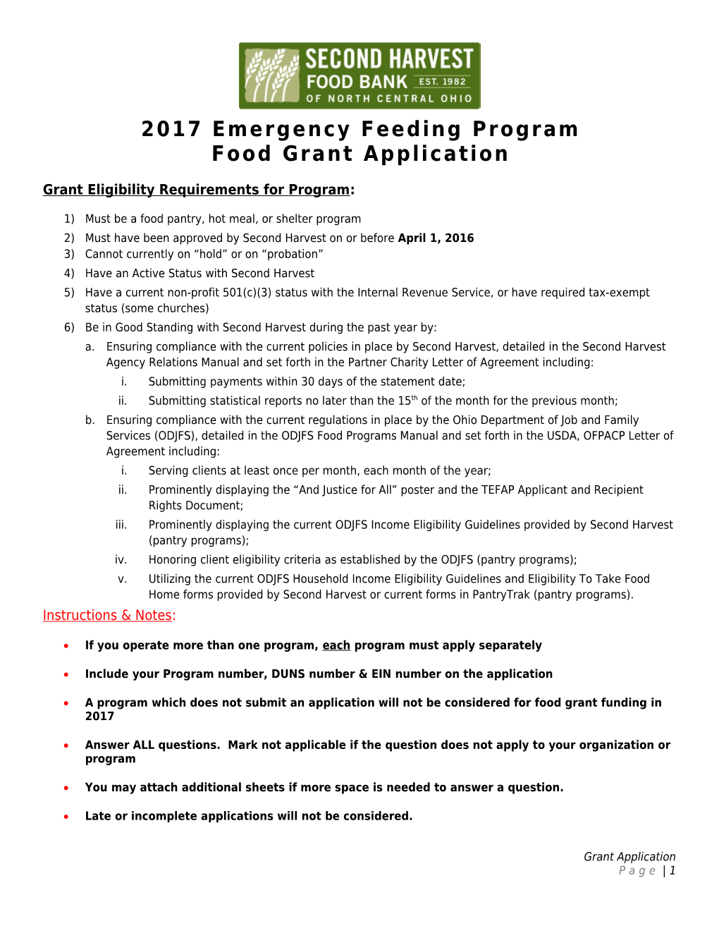 Grant Eligibility Requirements for Program