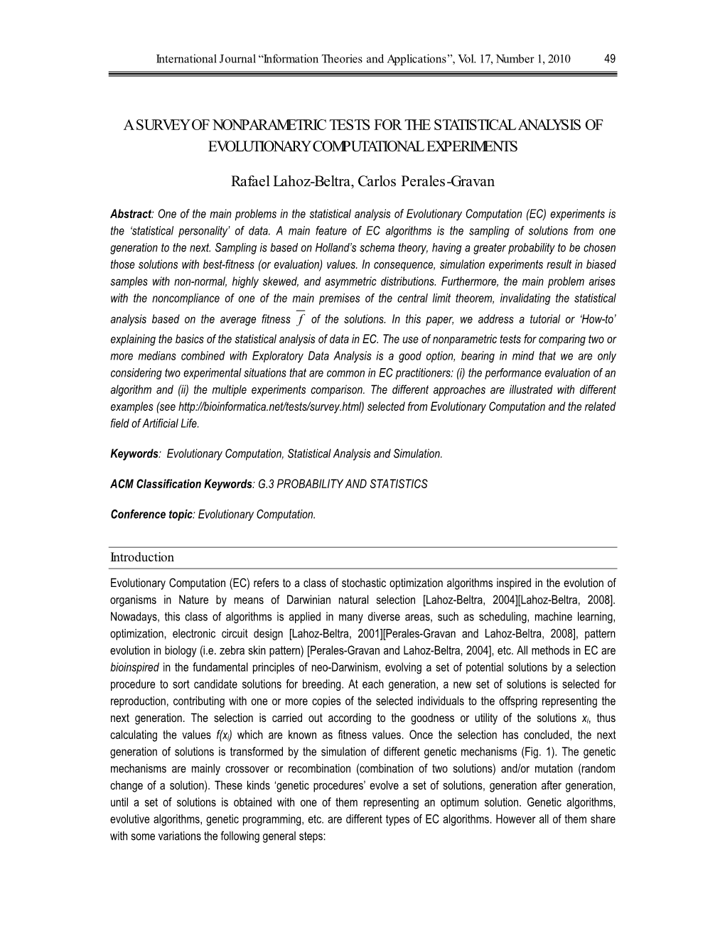 A Survey of Nonparametric Tests for the Statistical Analysis of Evolutionary Computational Experiments