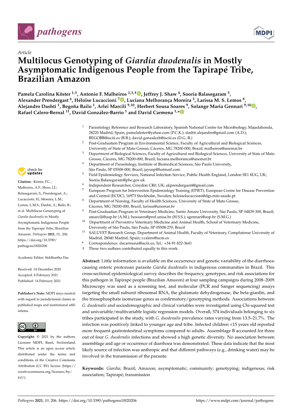 Multilocus Genotyping of Giardia Duodenalis in Mostly Asymptomatic Indigenous People from the Tapirapé Tribe, Brazilian Amazon