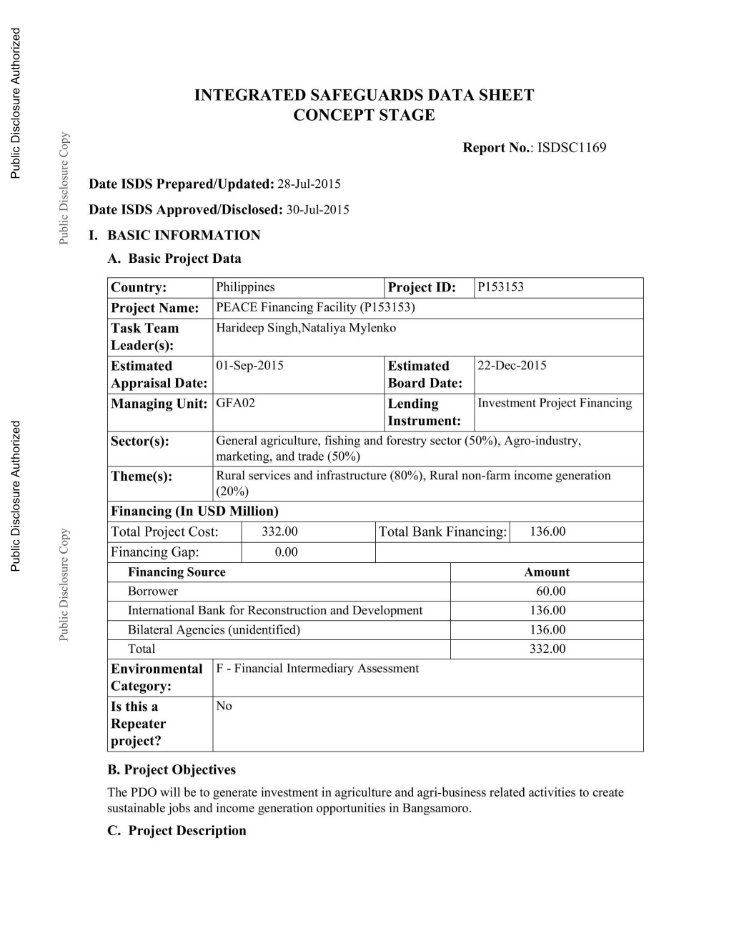 28-Jul-2015 9 Date ISDS Approved/Disclosed: 30-Jul-2015 I