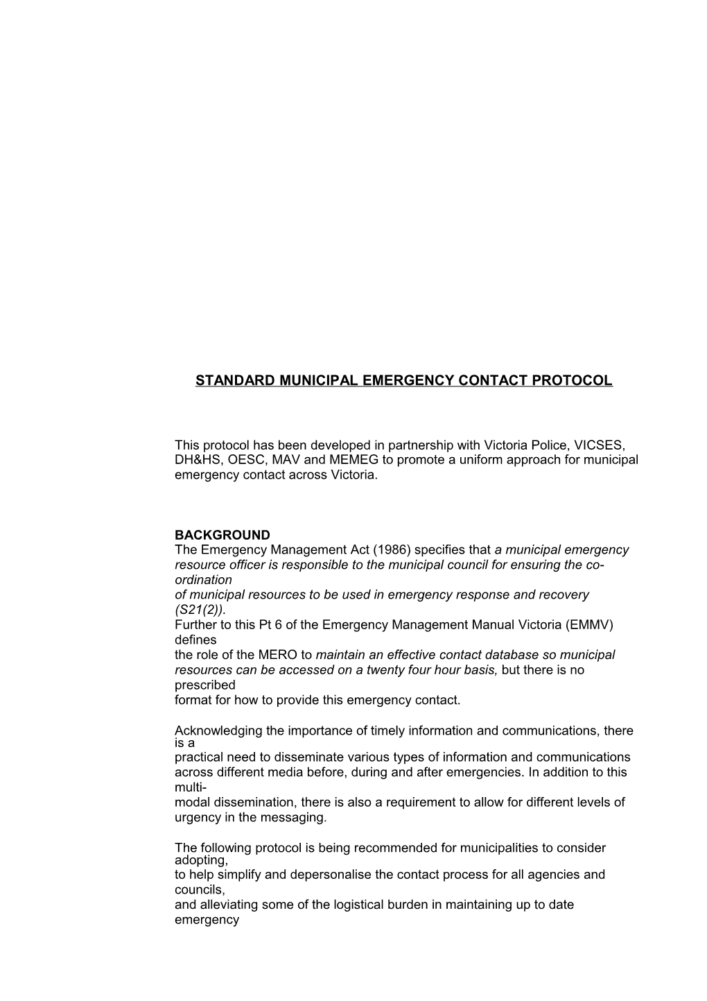 Standard Municipal Emergency Contact Protocol