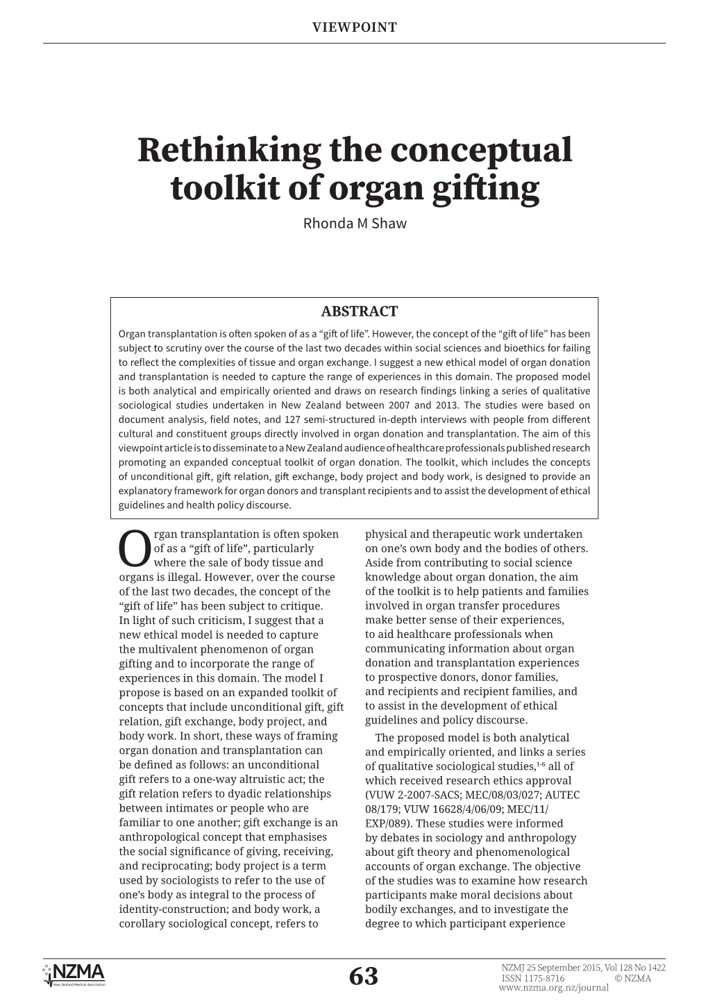 Rethinking the Conceptual Toolkit of Organ Gifting Rhonda M Shaw