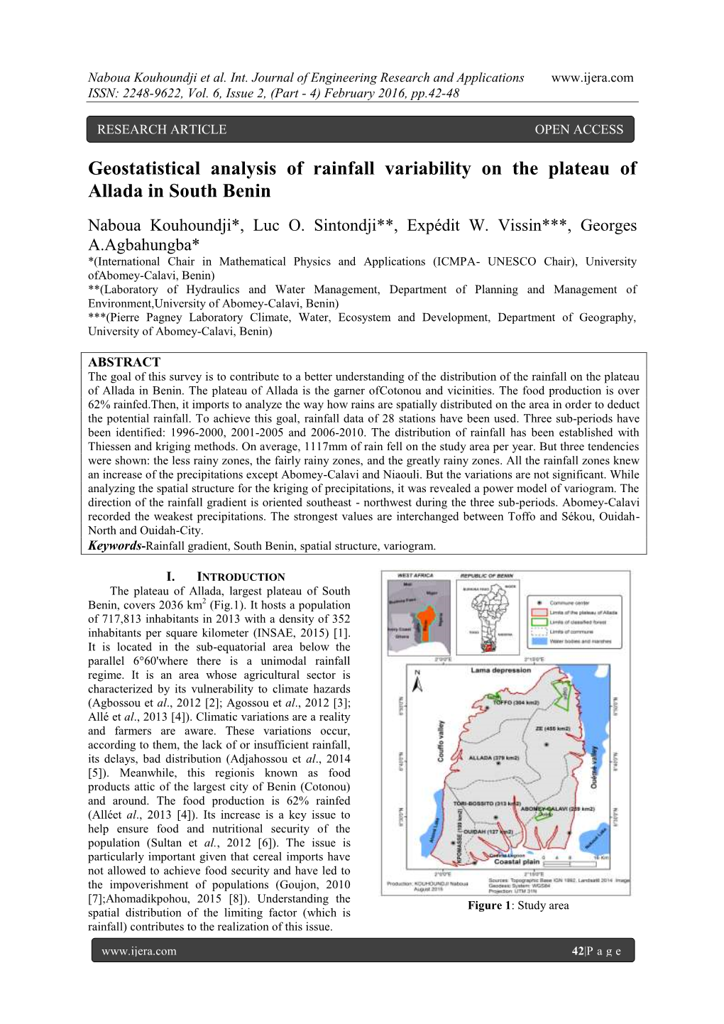 Geostatistical Analysis of Rainfall Variability on the Plateau of Allada in South Benin