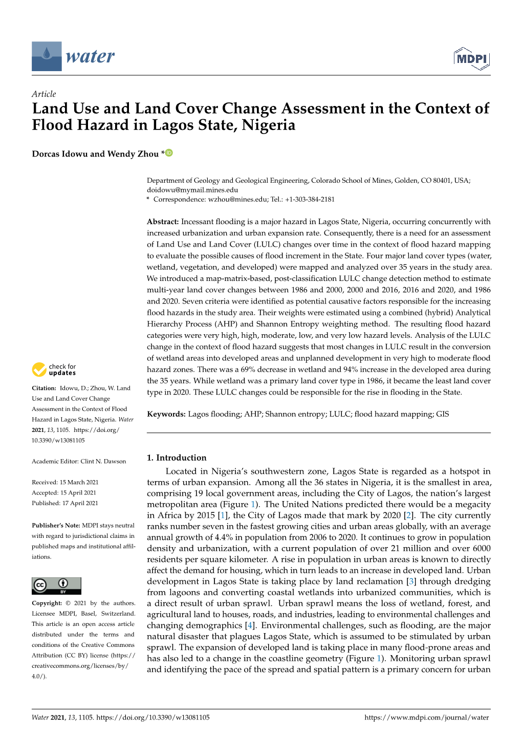 Land Use and Land Cover Change Assessment in the Context of Flood Hazard in Lagos State, Nigeria