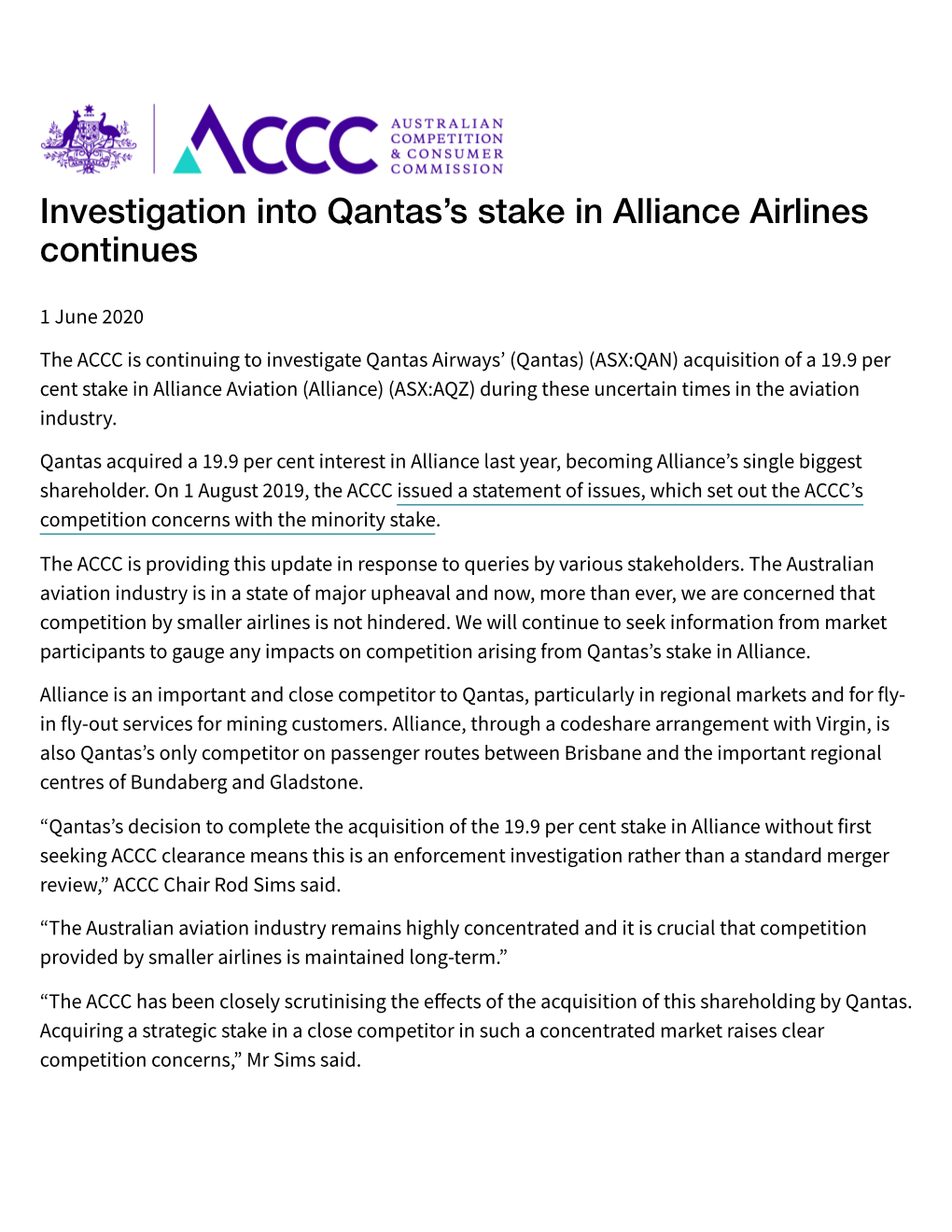 Investigation Into Qantas's Stake in Alliance Airlines Continues