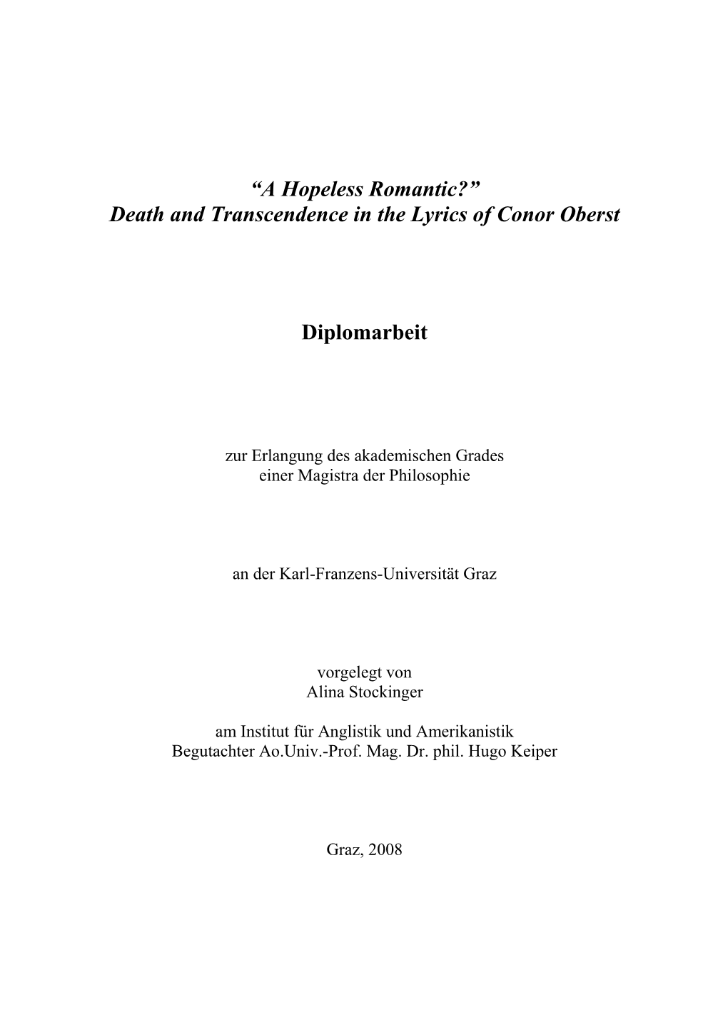 Death and Transcendence in the Lyrics of Conor Oberst Diplomarbeit