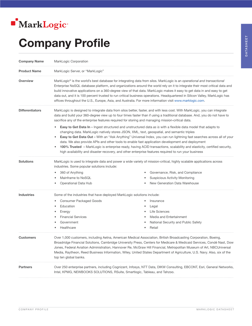 Company Profile Datasheet Company Name Marklogic Corporation