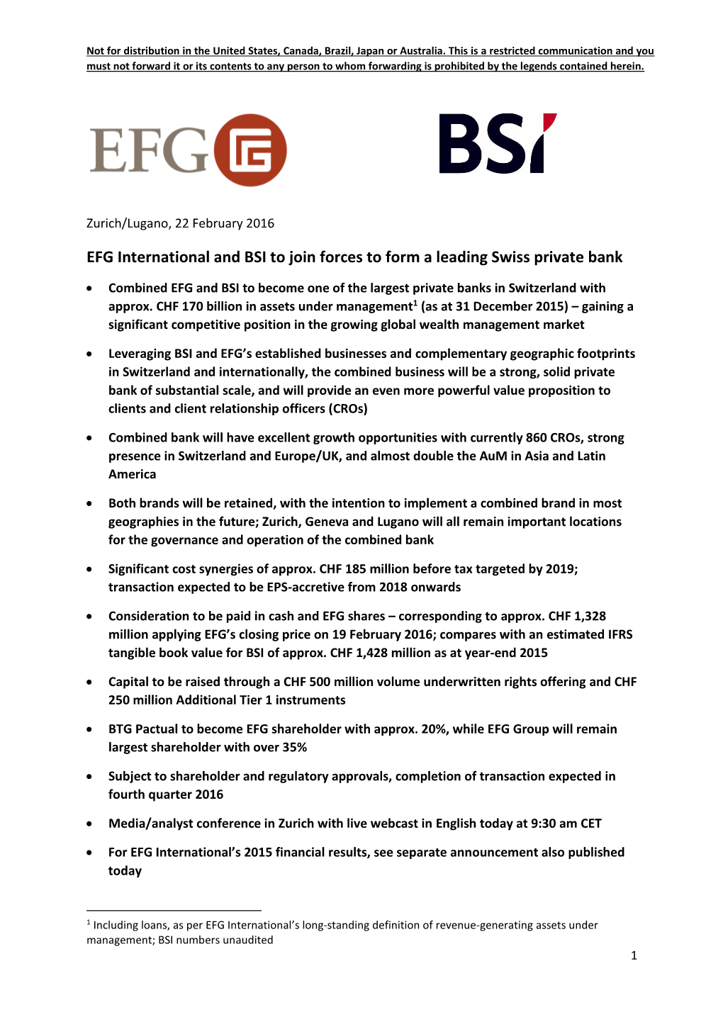 EFG International and BSI to Join Forces to Form a Leading Swiss Private Bank