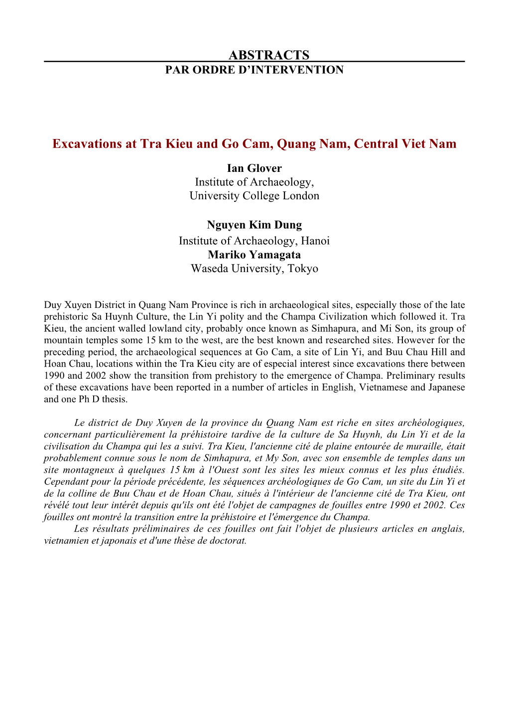 ABSTRACTS Excavations at Tra Kieu and Go Cam, Quang Nam, Central Viet