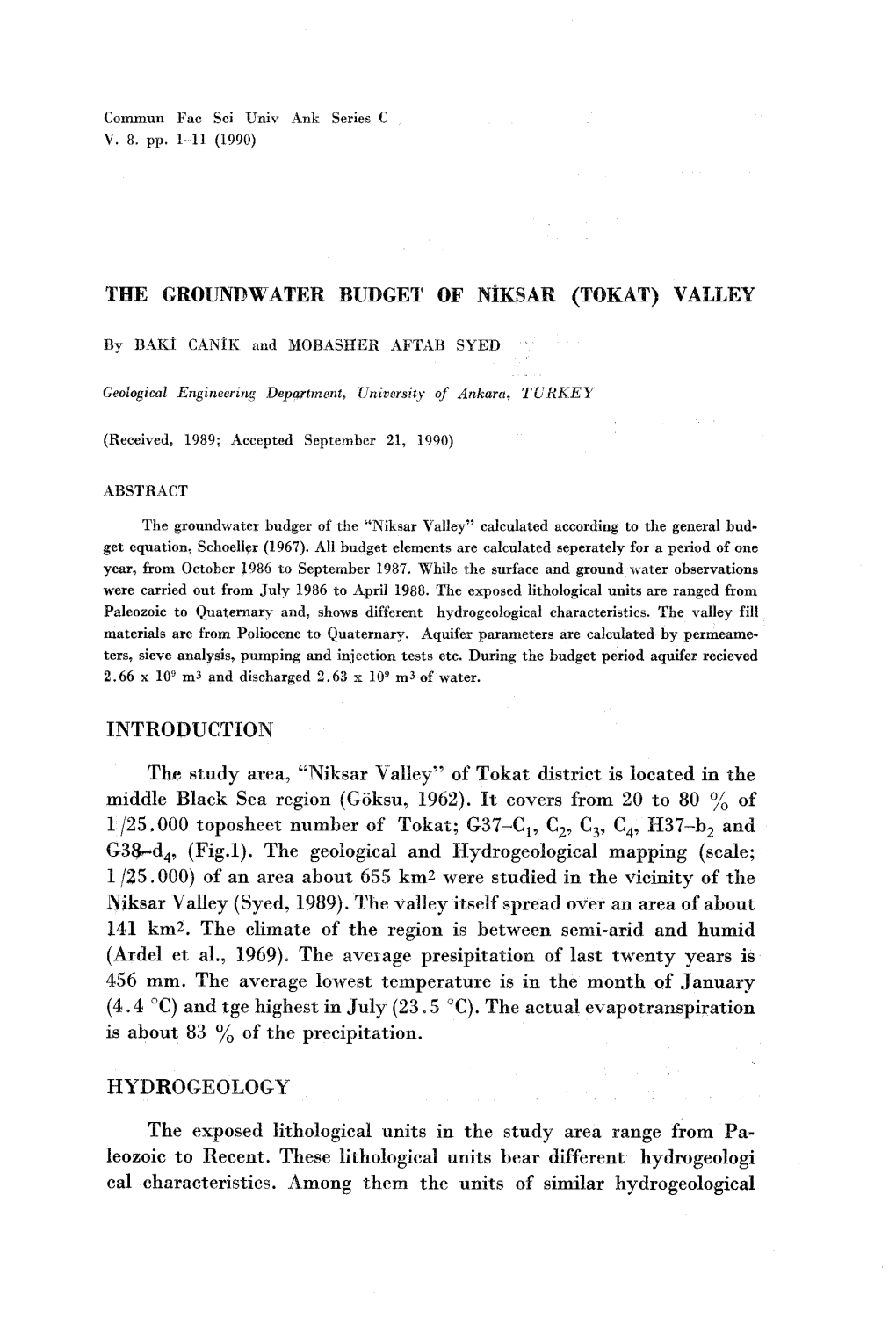 The Groundwater Budget of Niksar (Tokat) Valeey