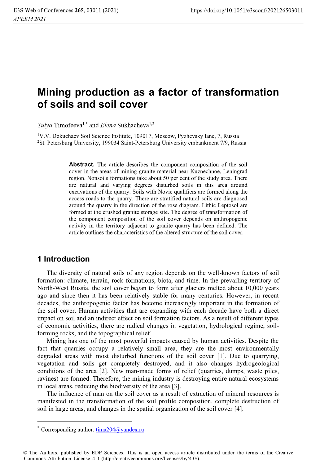 Mining Production As a Factor of Transformation of Soils and Soil Cover