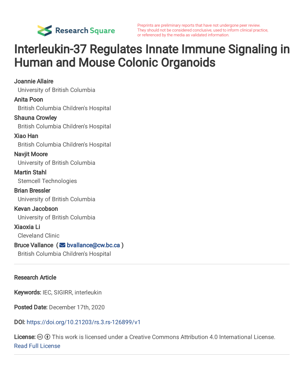 Interleukin-37 Regulates Innate Immune Signaling in Human and Mouse Colonic Organoids