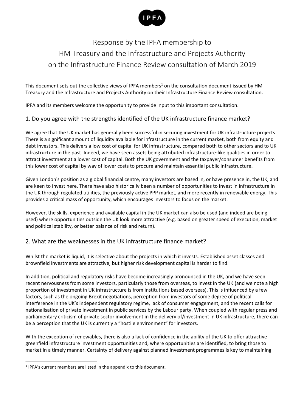 Response by the IPFA Membership to HM Treasury and the Infrastructure and Projects Authority on the Infrastructure Finance Review Consultation of March 2019