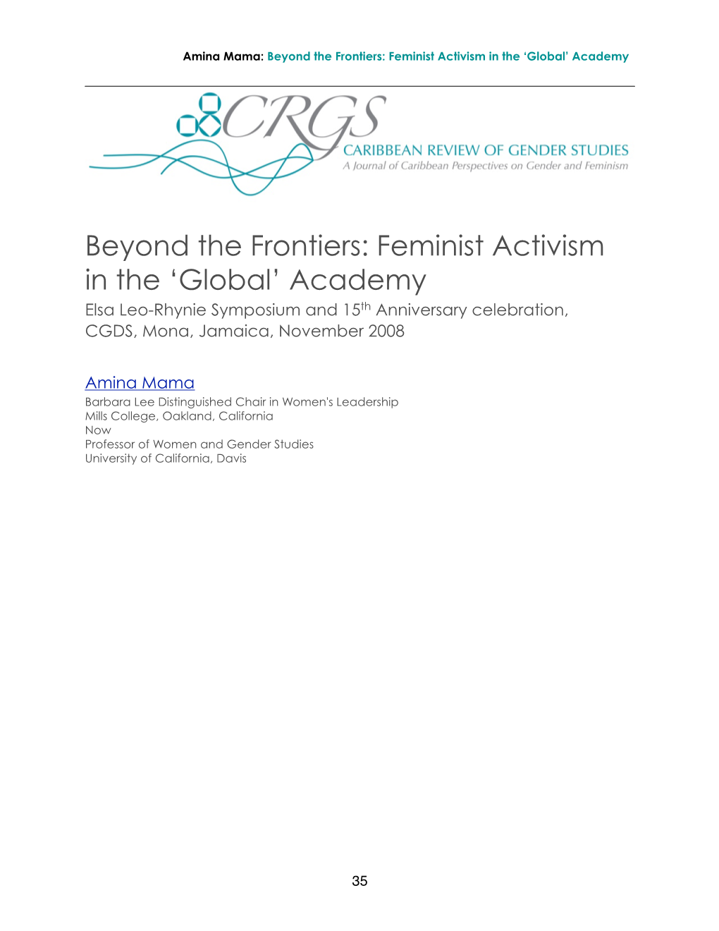 Beyond the Frontiers: Feminist Activism in the 'Global' Academy