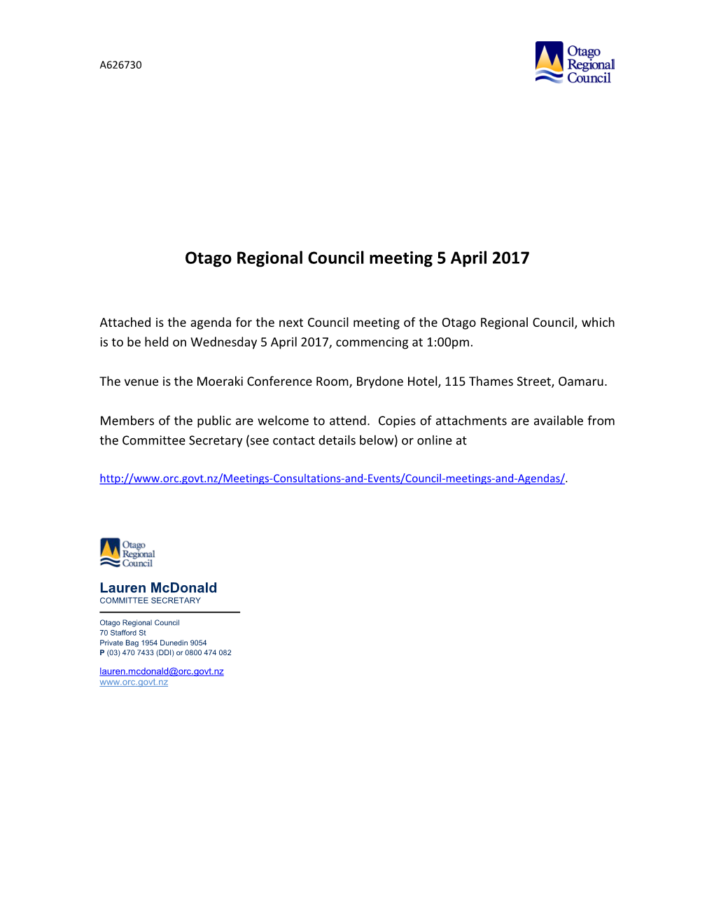 Otago Regional Council Meeting 5 April 2017