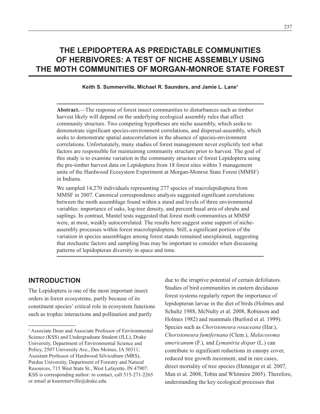 A Test of Niche Assembly Using the Moth Communities of Morgan-Monroe State Forest