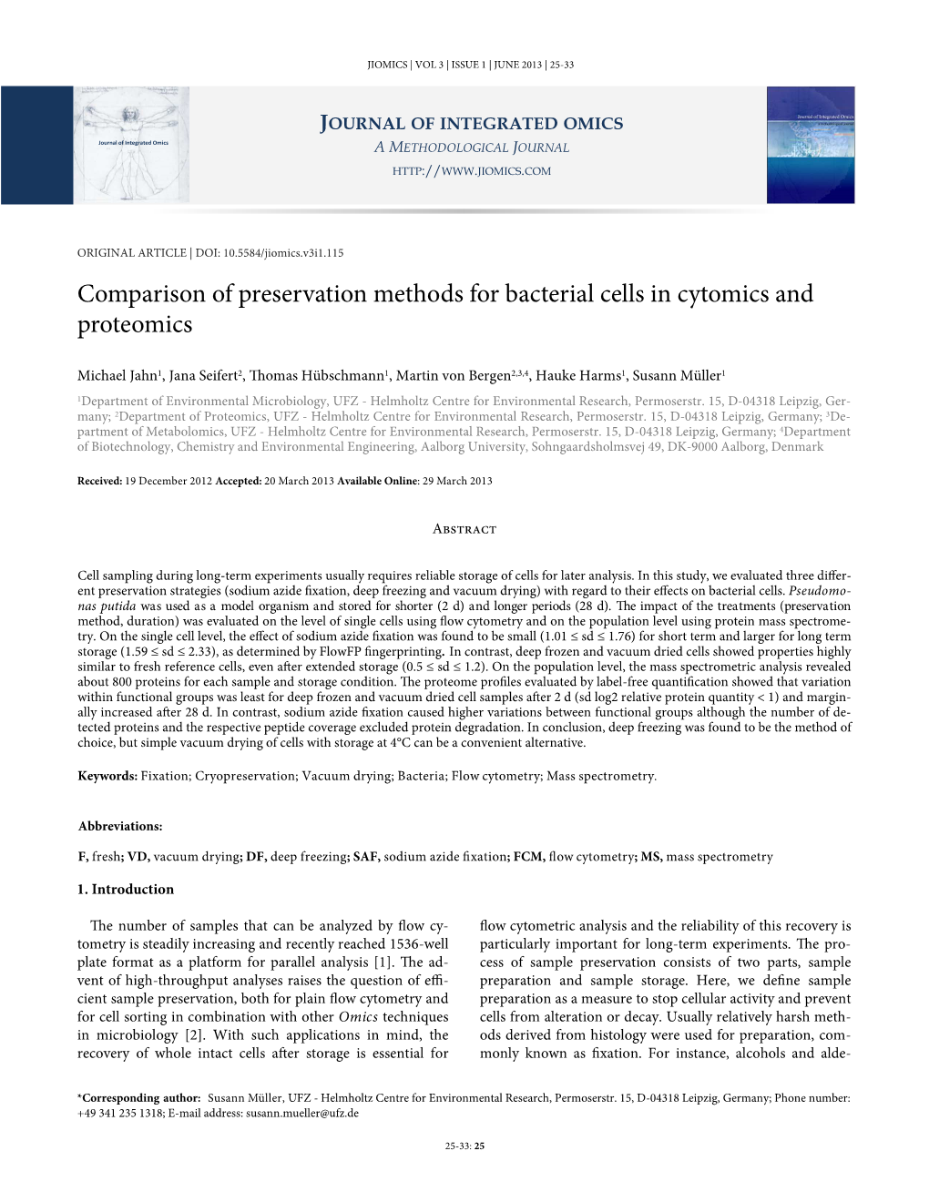 Comparison of Preservation Methods for Bacterial Cells in Cytomics and Proteomics