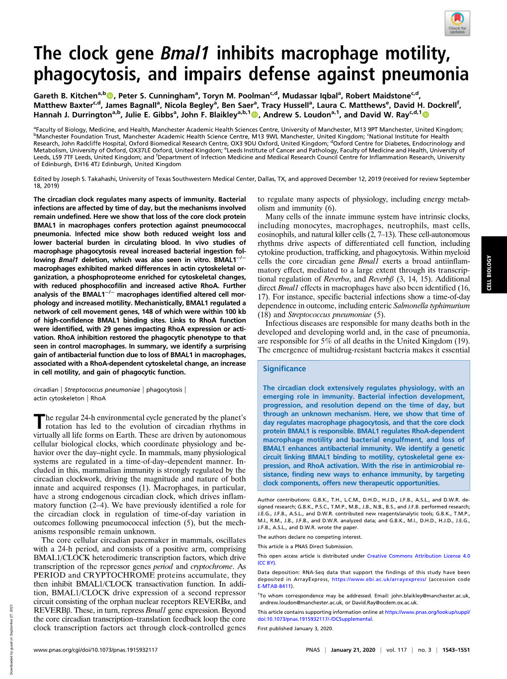 The Clock Gene Bmal1 Inhibits Macrophage Motility, Phagocytosis, and Impairs Defense Against Pneumonia