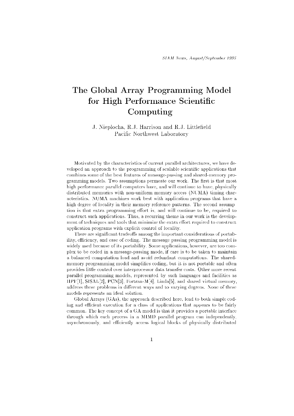 The Global Array Programming Model for High Performance Scienti C