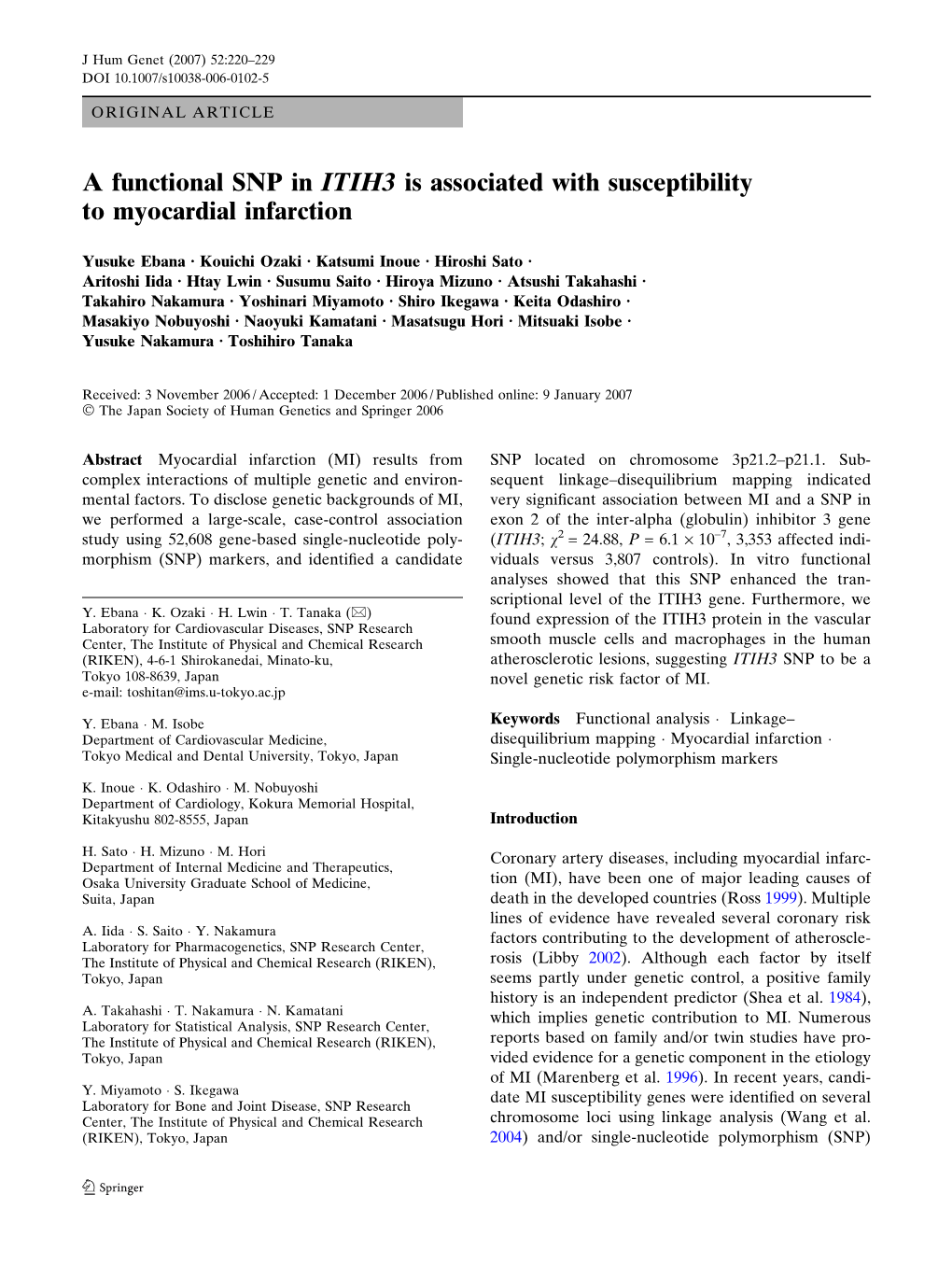 A Functional SNP in ITIH3 Is Associated with Susceptibility to Myocardial Infarction