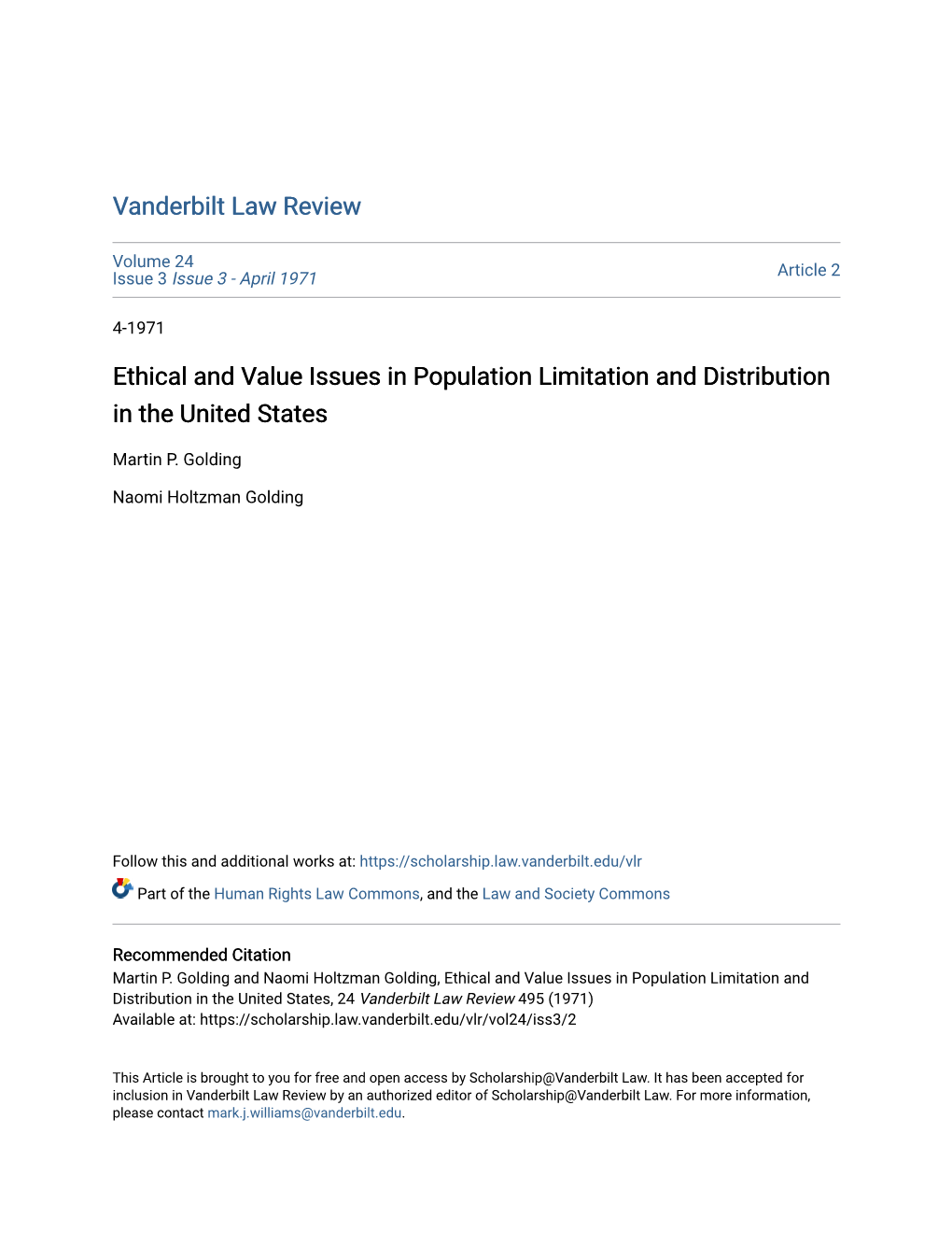 Ethical and Value Issues in Population Limitation and Distribution in the United States