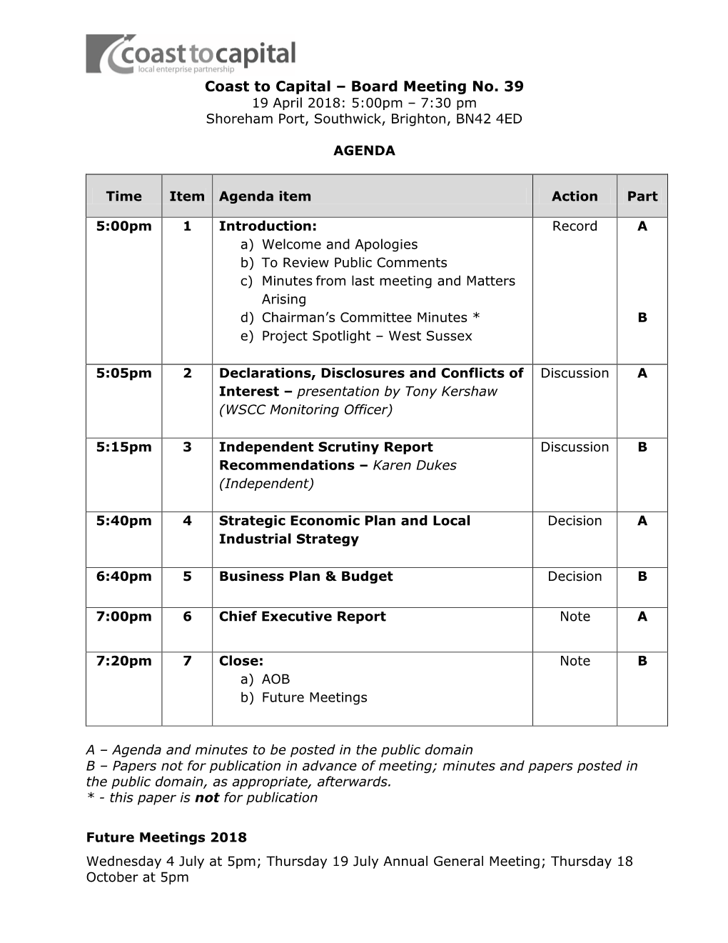 Board Meeting No. 39 19 April 2018: 5:00Pm – 7:30 Pm Shoreham Port, Southwick, Brighton, BN42 4ED